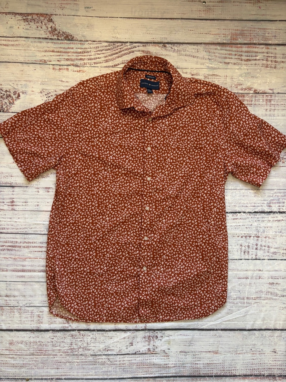 Joseph Abboud Rust Floral Short-Sleeve Button-Up Shirt Modern Fit LARGE